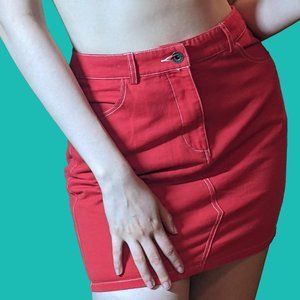 red high waisted mini skirt with white stitching